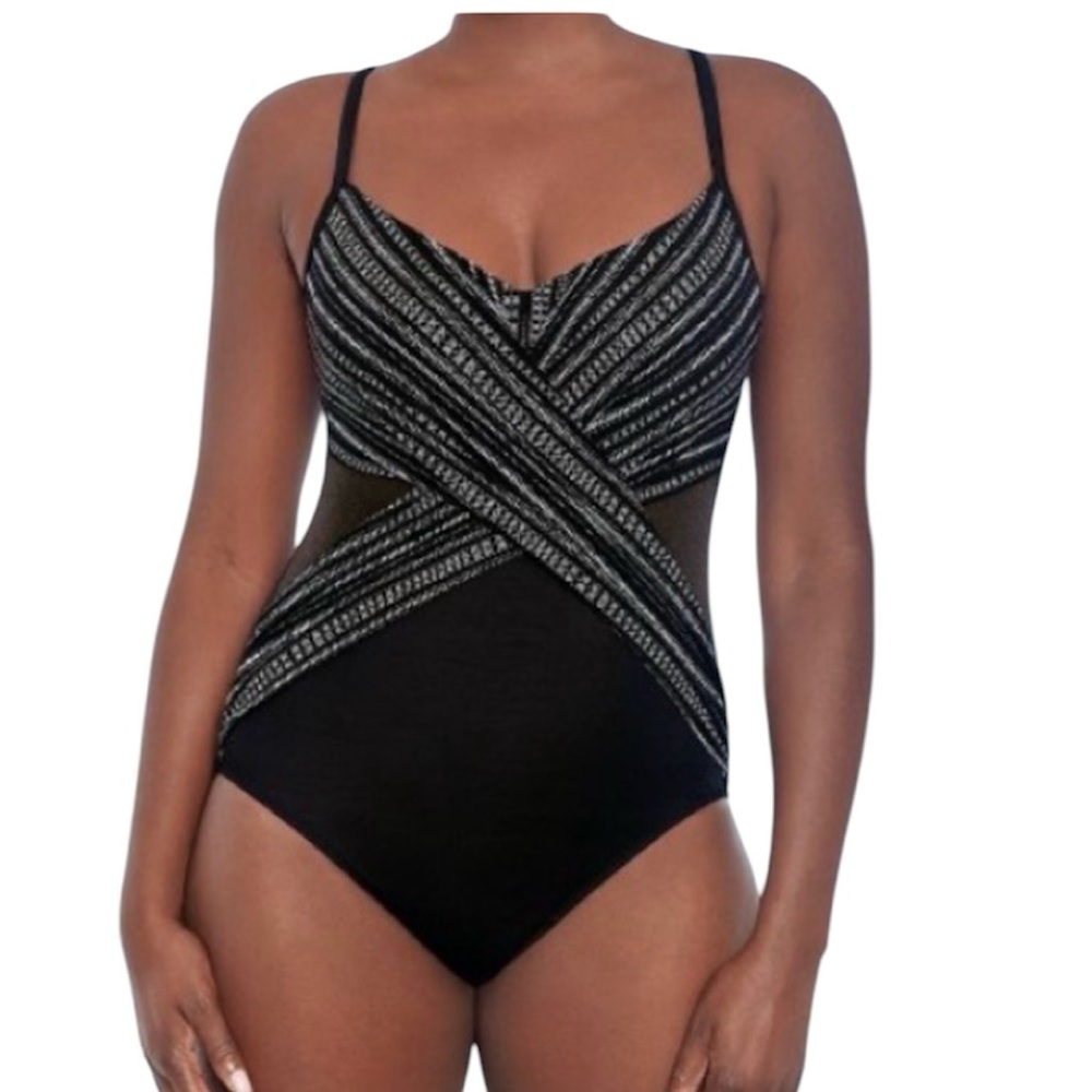 Black One-Piece Swimsuit with Silver Metallic Cross-Front Detail